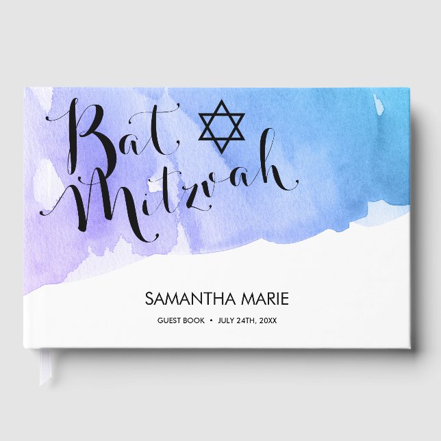 Lila Teal Watercolor Bat mitzvah Gästböcker (Framsida)