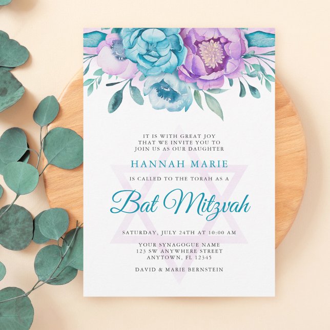 Lila Teal Watercolor Blommigt Bat mitzvah Inbjudningar (Skapare uppladdad)