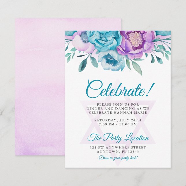 Lila Teal Watercolor Blommigt Bat mitzvah Party Inbjudningar (Fram/baksida)