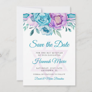 Lila Teal Watercolor Blommigt Bat mitzvah Spara Datumet