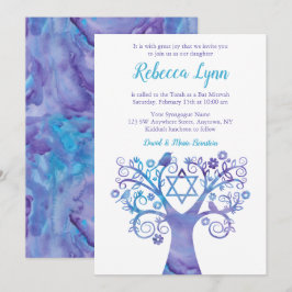 Lila Teal Watercolor Livets träd Bat mitzvah Inbjudningar