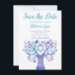 Lila Teal Watercolor Livets träd Bat mitzvah Spara Datumet<br><div class="desc">Modern lila och Bat mitzvah spara datum meddelande i livets träd. Den här unika designen har en vattenfärg som roterar träd,  blomma,  fåglar och David stjärna.</div>