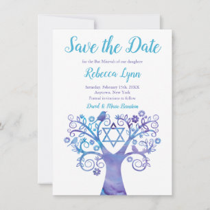 Lila Teal Watercolor Livets träd Bat mitzvah Spara Datumet