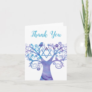 Lila Teal Watercolor Livets träd Tack Kort