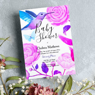 Lila teal white hummingbird blommigt Baby Shower Inbjudningar