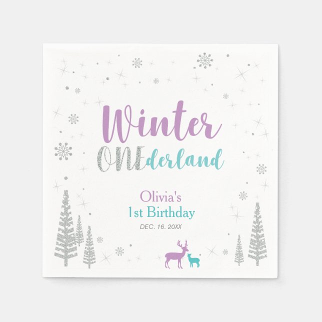 Lila & Teal Winter Onederland 1:a födelsedagen Par Pappersservett (Framsidan)
