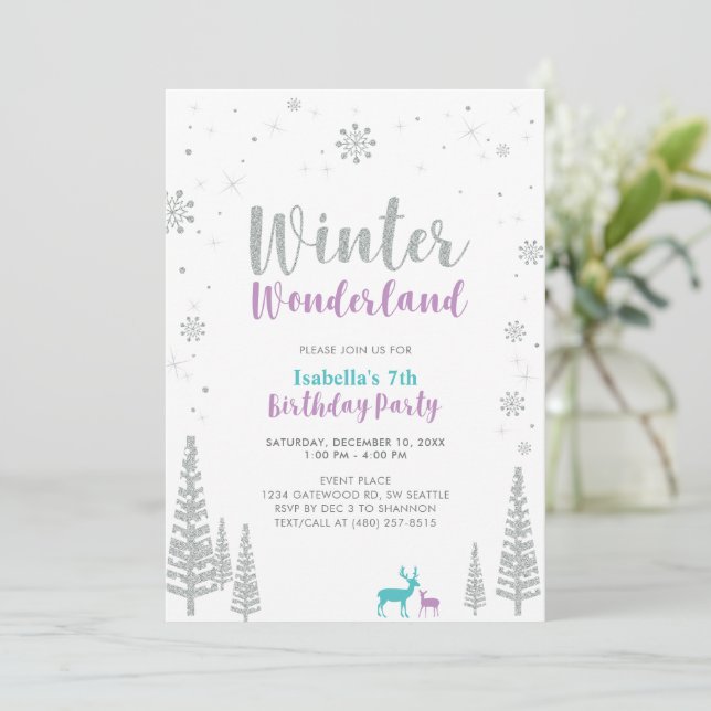 Lila & Teal Winter Wonderland Barns födelsedag Inbjudningar (Stående Fram)