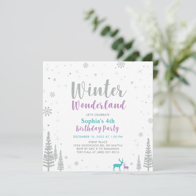 Lila & Teal Winter Wonderland Girl Birthday Inbjudningar (Stående Fram)