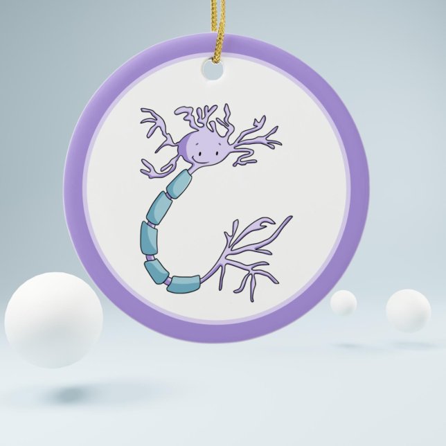 Lila Tecknad Neuro Cell Biology jul Julgransprydnad Keramik (Cute cartoon neuron illustration  christmas ornament makes the perfect gift for biologists)