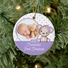 Lila teddybjörn bebis första julfoto julgransprydnad keramik