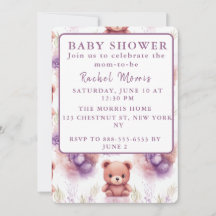 Lila Teddybjörn och Blommor - Baby Shower