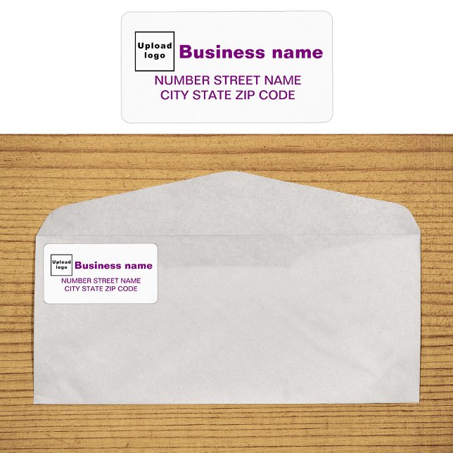 Lila Texter, adressetikett (Business address label in purple text)