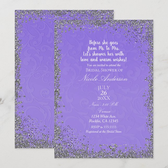 Lila textur Silverglitter Modern bröllopsdusch Inbjudningar (Fram/baksida)