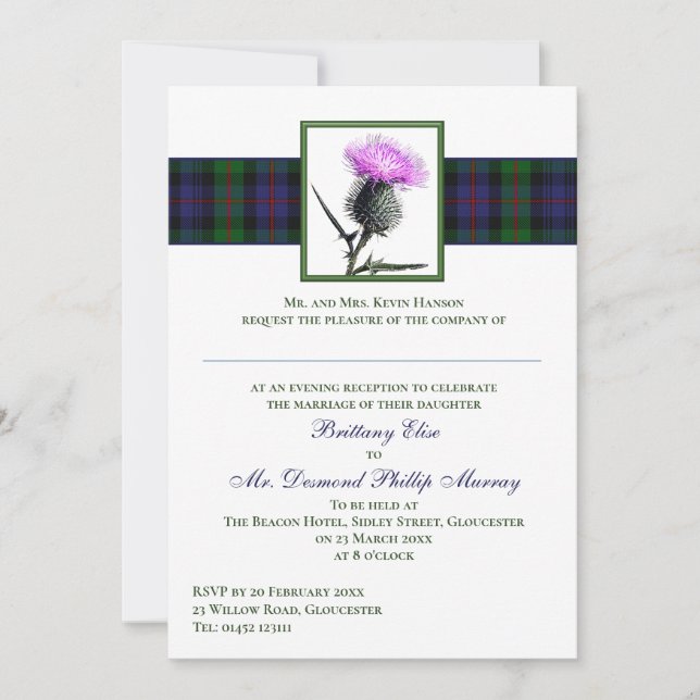 Lila Thistle Murray of Atholl Tartan Bröllop Inbjudningar (Framsida)
