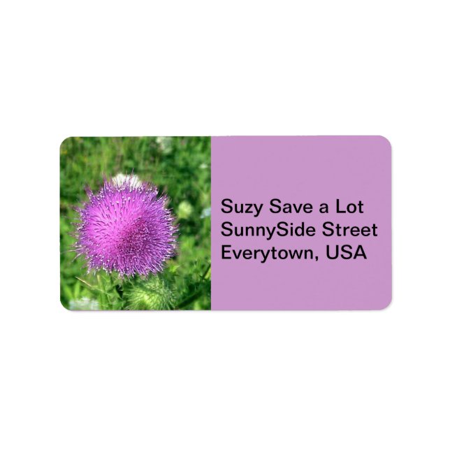 Lila Thistle Wildblomma Adressetikett (Framsidan)