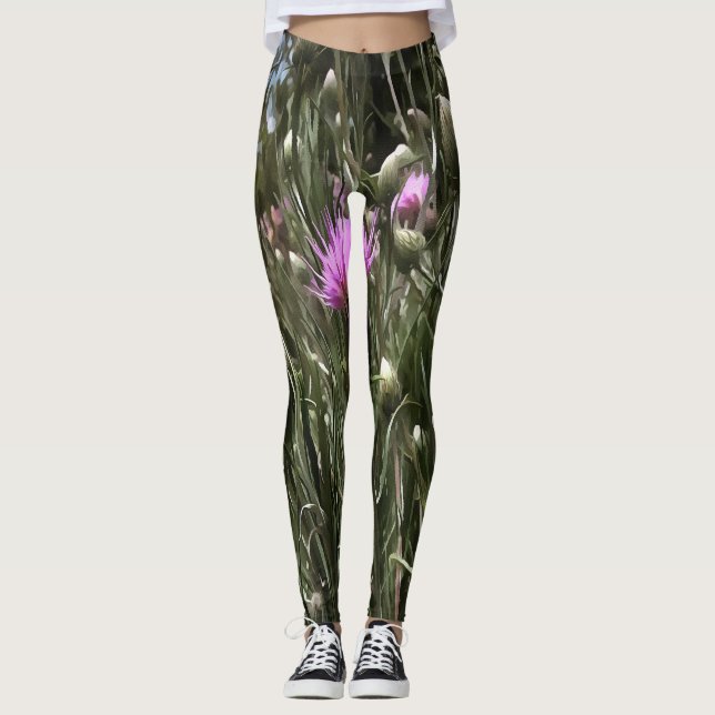 Lila Thistle Wildblomme Realistic Art Leggings (Framsida)