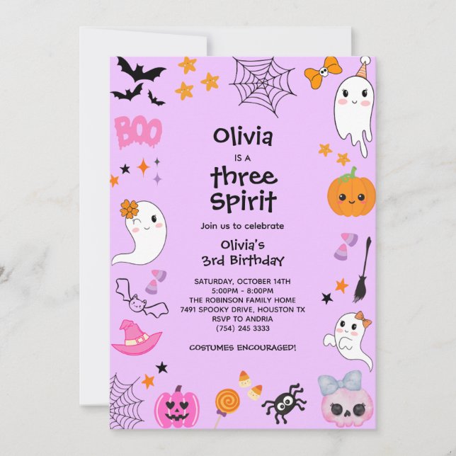 Lila Three Spirit Ghost Halloween 3:e födelsedagen Inbjudningar (Framsida)