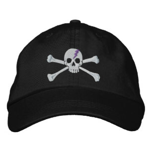 Lila Thunderbolt Crossbone Skull Embroidery Broderad Keps