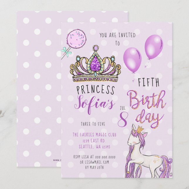 Lila Tiara Princess Horse Birthday Investigations Inbjudningar (Fram/baksida)