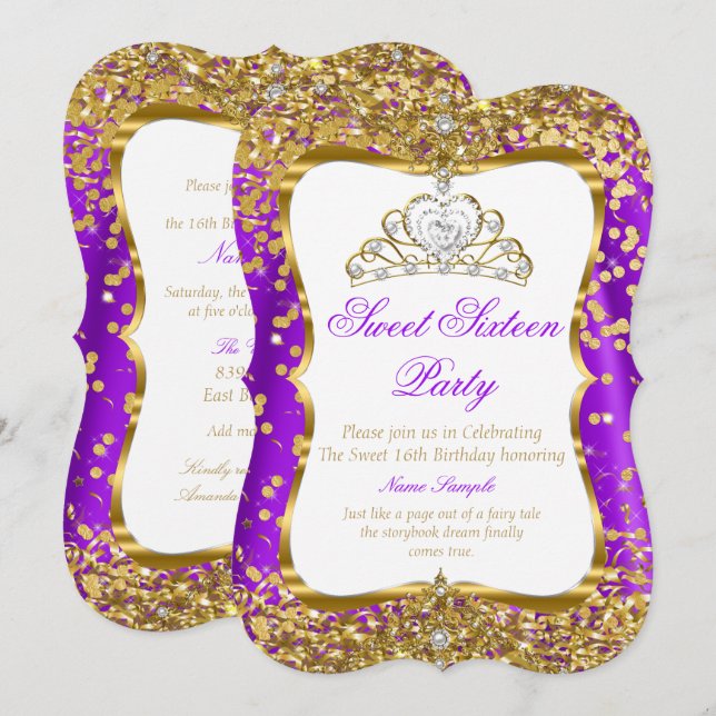 Lila Tiara Princess Sweet 16 Guld White Inbjudan 2 (Fram/baksida)