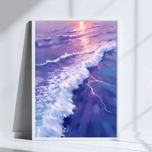 Lila tidvattnet Oceanens vågor akvarellmålning Poster