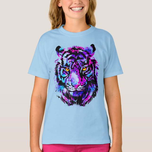 Lila Tiger Head - Tiger Porträtt Artwork T Shirt (Framsida)
