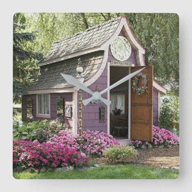 Lila Tiny House-klocka Fyrkantig Klocka (Framsida)