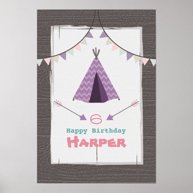 Lila Tipi Camping Birthday Poster (Framsidan)