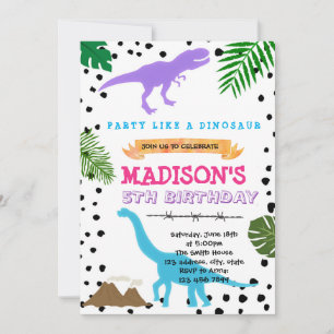 Lila tjej dinosaurie fest födelsedagsinbjudan inbjudningar