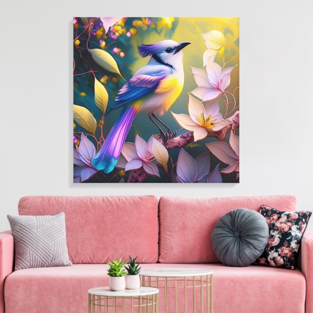 Lila Tofsad Gul Bröst Fantasifågel Canvastryck (Insitu (Vardagsrum))