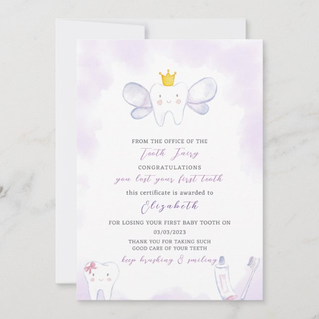 Lila Tooth Fairy Brev Inbjudningar (Framsida)
