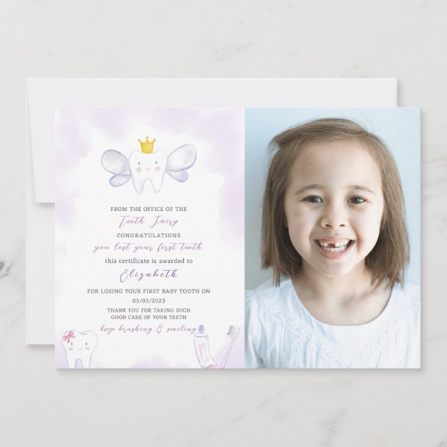 Lila Tooth Fairy Brev med foto Inbjudningar (Framsida)
