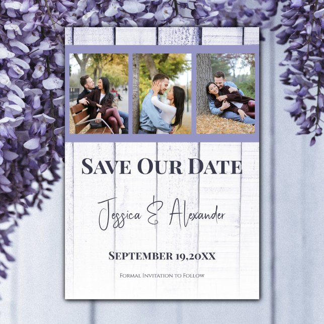 Lila Trä Foto Collage Spara Datum Spara Datumet (Lavender Wooden Photo Collage Save the Date)
