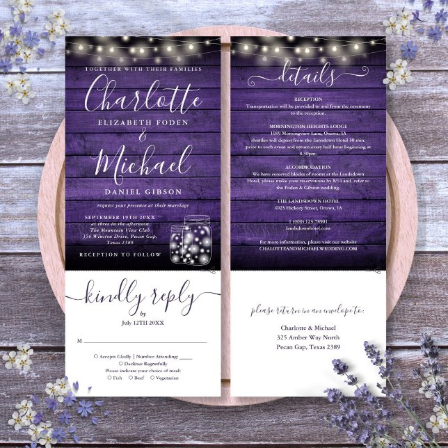 Lila Trä Murarljus Allt I Ett Bröllop Inbjudningar (Purple Wood Mason Jars Lights All In One Wedding Invitation)