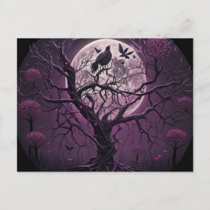 Lila Träd Black Birds Full Moon Halloween Helg Vykort