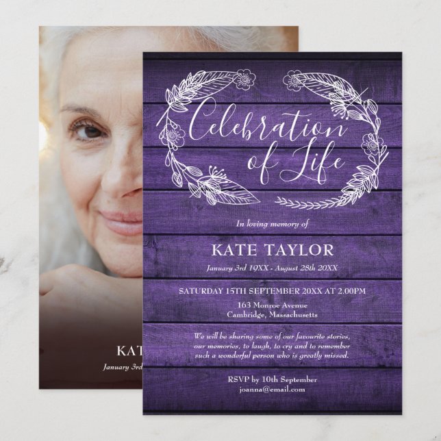 Lila träd Funeral Celebration of Life Foto  Inbjudningar (Fram/baksida)
