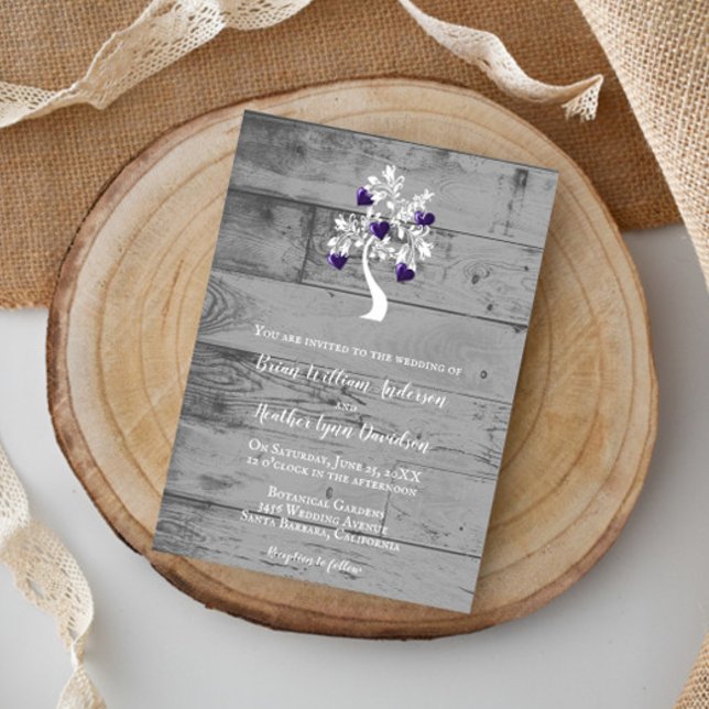 Lila Träd i Hearts bröllopsinbjudan Inbjudningar (Purple Tree of Hearts Wedding Invitation)