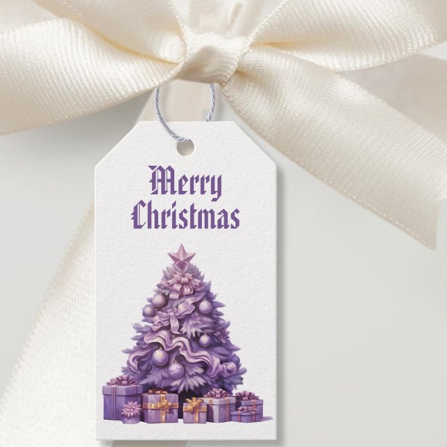 Lila träd Nostalgic God jul Presentetikett (Purple tree Nostalgic Merry Christmas White Gift Tags)