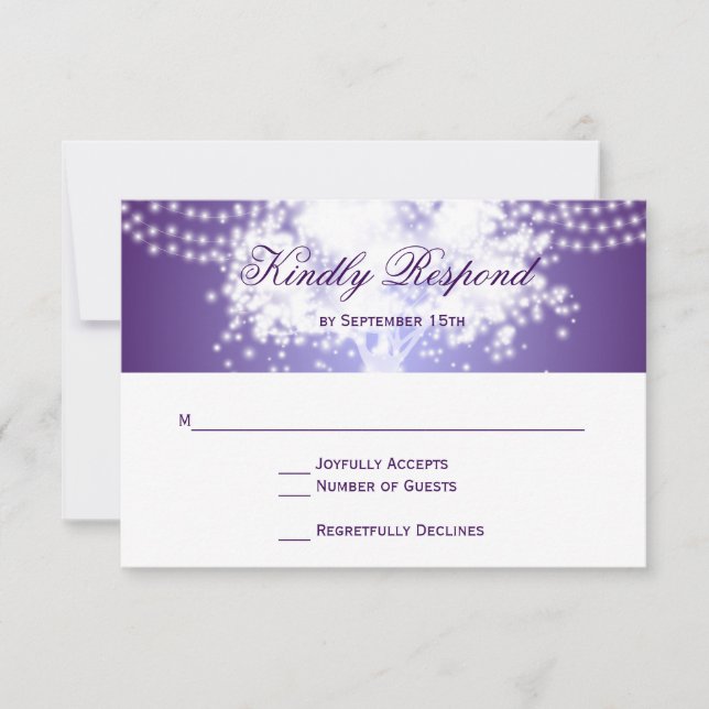 Lila Träd String Ljus Bröllop OSA kort (Framsida)