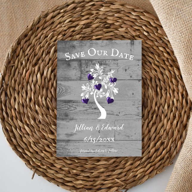 Lila Träd vid Hearts Spara datum meddelande (Purple Tree of Hearts Save the Date)
