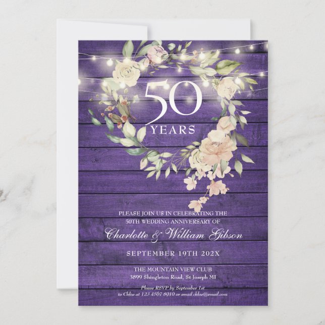 Lila trädgårdsbelysning med blomstermotiv till 50- inbjudningar (Framsida)