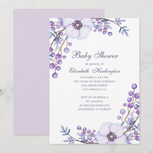 Lila trädgårdsblommor. Violet blommigt babydusch Inbjudningar