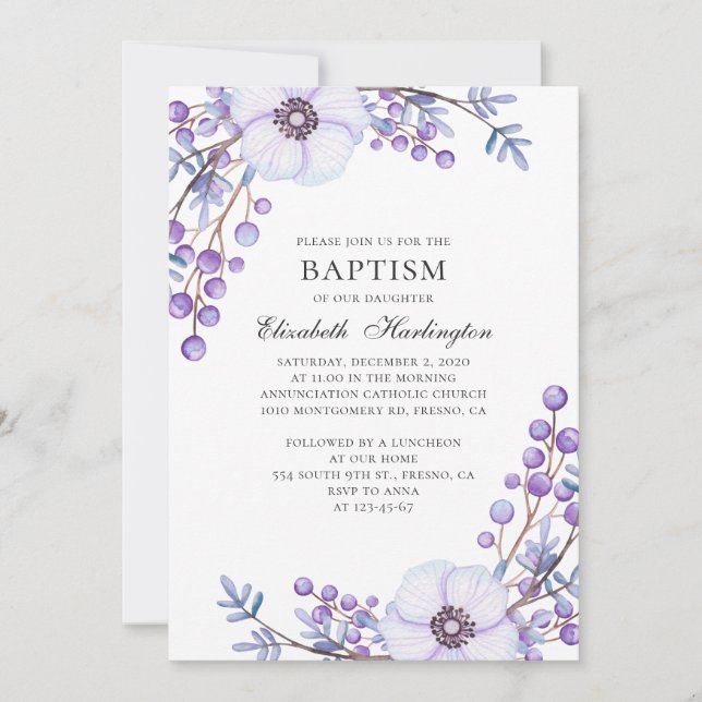 Lila trädgårdsblommor. Violet blommigt baptism Inbjudningar (Framsida)