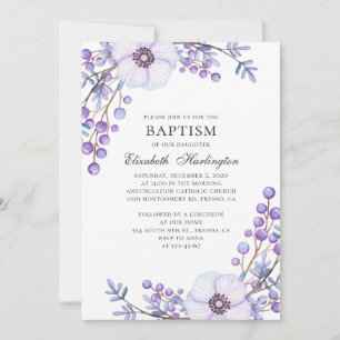 Lila trädgårdsblommor. Violet blommigt baptism Inbjudningar