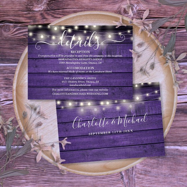 Lila trädgårdssnurljus manus bröllopsdetaljer tilläggskort (Purple Wood String Lights Script Wedding Details Enclosure Card)