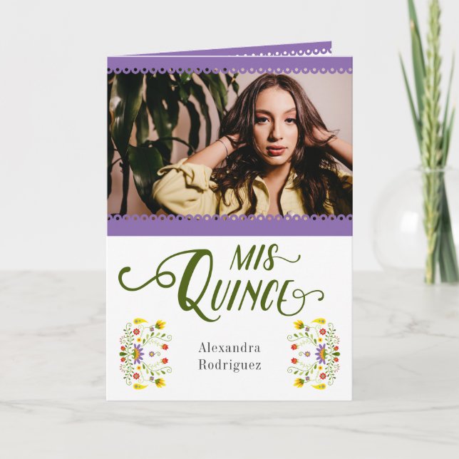 Lila Traditional Mexico Blommigt Photo Quinceanera Inbjudan (Framsida)