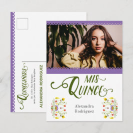 Lila Traditional Mexico Blommigt Photo Quinceanera Inbjudan Vykort