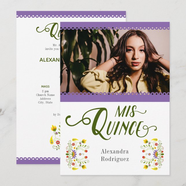 Lila Traditional Mexico Blommigt Photo Quinceanera Inbjudningar (Fram/baksida)