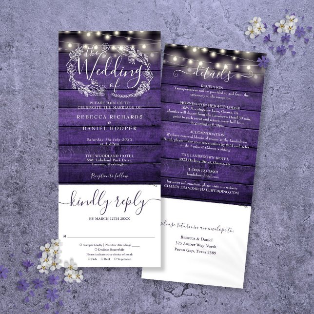 Lila träsnursalonger allt-i-ett bröllop inbjudningar (Purple Wood String Lights All In One Wedding Invitation)