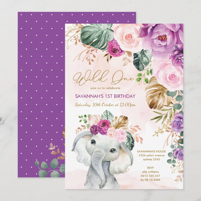  Lila Tropical Blommigt Elephant 1st Birthday Inbjudningar (Fram/baksida)